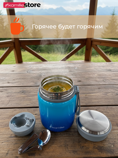 Термос для еды 530 мл. из нержавеющей стали Kamille KM 2096 с ложкой и ручкой