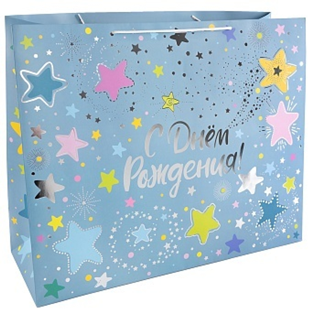 Пакет подарочный С Днем Рождения! (яркие звезды) Металлик 26*32*12 см.
