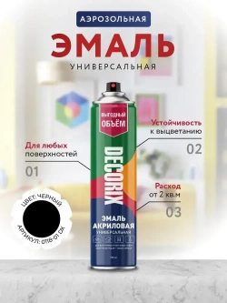 Краска аэрозольная черная глянцевая акриловая DECORIX - эмаль в баллончике для любых поверхностей большой объем 780 мл