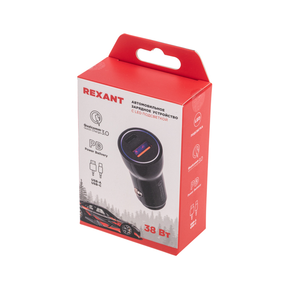 Автозарядка в прикуриватель АЗУ USB-A (QC 3.0)+USB-C (PD) 30Вт черная REXANT