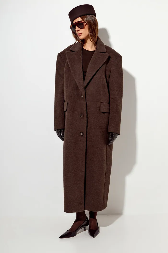 Пальто с шерстью прямого кроя цвета шоколад