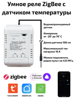 Умное реле Zigbee 16 А c датчиком температуры