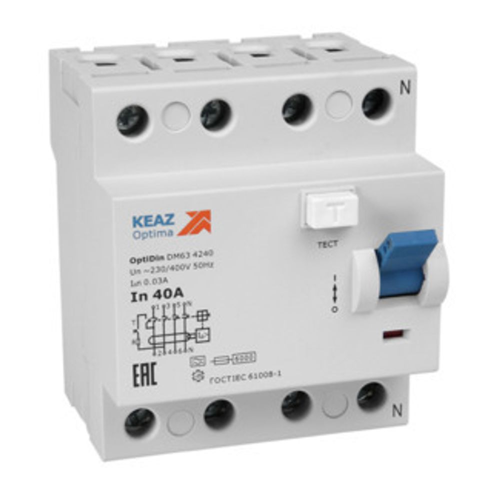 Выключатель дифференциальный (УЗО) OptiDin DМ63-4240-A-УХЛ4 (4P, 40, 30mA) КЭАЗ 254311