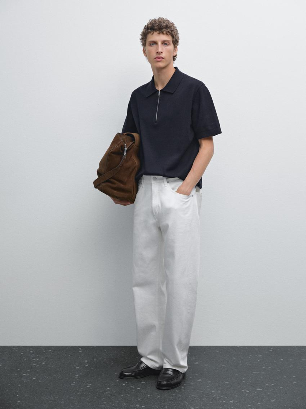 Massimo Dutti Поло с короткими рукавами из рельефной ткани, темно-синий