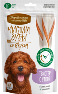 Лакомство Деревенские лакомства Чистим зубы для собак средних пород, твистер с уткой, 90 г