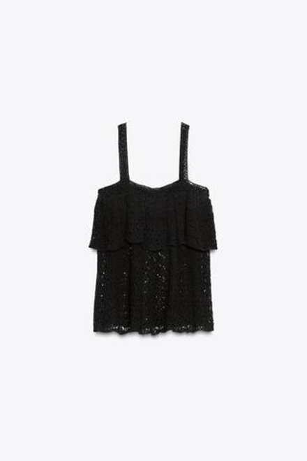 ZARA ТОП ИЗ АЖУРНОГО ТРИКОТАЖА С ВОЛАНОМ, ЧЕРНЫЙ