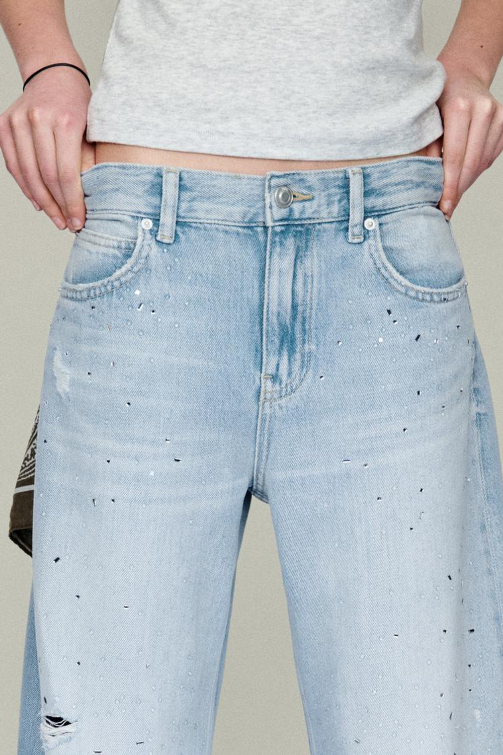 ZARA ДЖИНСЫ BALLOON СО СТРАЗАМИ, ГОЛУБОЙ