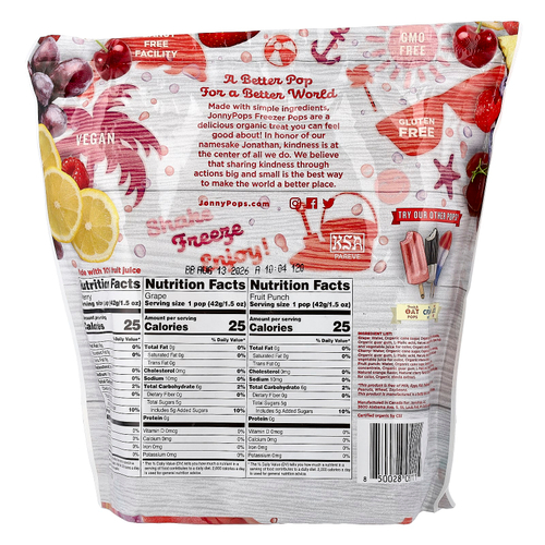 JonnyPops, органические леденцы для замораживания, вишня, виноград, фруктовый пунш, 24 шт. по 40 мл (1,35 жидк. унции)