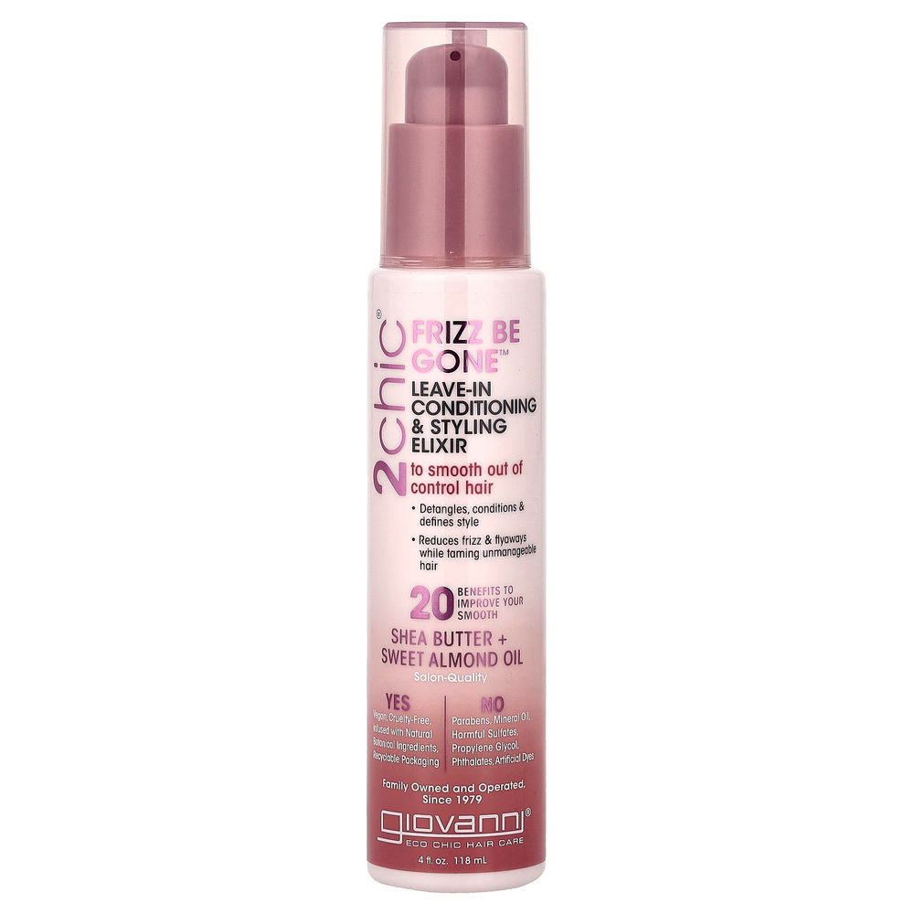 Giovanni, 2chic®, Frizz Be Gone™, несмываемый эликсир для укладки волос, масло ши и масло сладкого миндаля, 118 мл (4 жидк. унции)