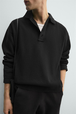 ZARA ХЛОПКОВОЕ ТРИКОТАЖНОЕ ПОЛО, ЧЕРНЫЙ