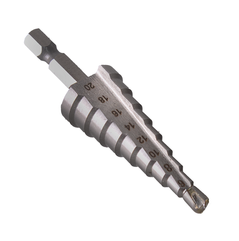 Сверло ступенчатое по металлу 4-6-8-10-12-14-16-18-20мм, P6M5, шестигранный хвостовик Вихрь
