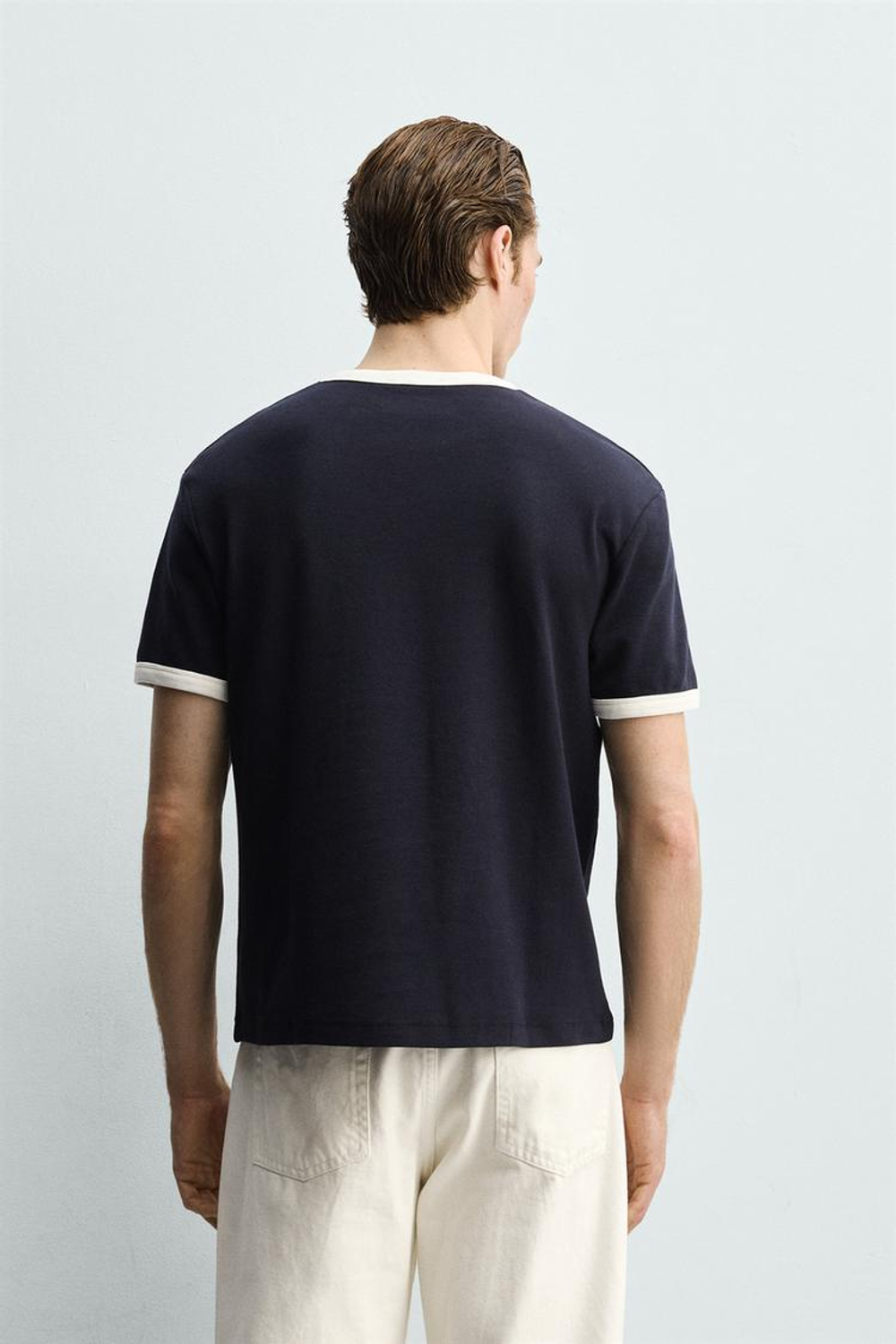 ZARA ФУТБОЛКА В РУБЧИК С КОНТРАСТНОЙ ОТДЕЛКОЙ БАЗОВАЯ, МОРСКОЙ СИНИЙ