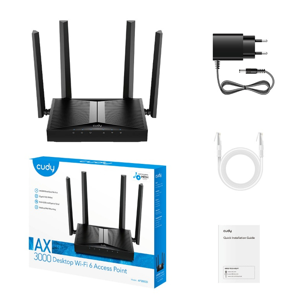 Cudy AP3000D Настольная точка доступа Wi-Fi 6 AX3000, 2,4/5 ГГц, до 2976 Мбит/с, 1х1 Гбит/с, PoE, 4 антенны