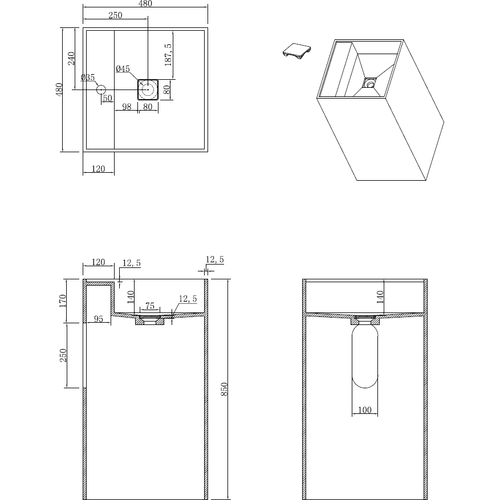 Раковина напольная Boheme Cube 802-R-MW 48х48х85 Corian Matt White рифленая