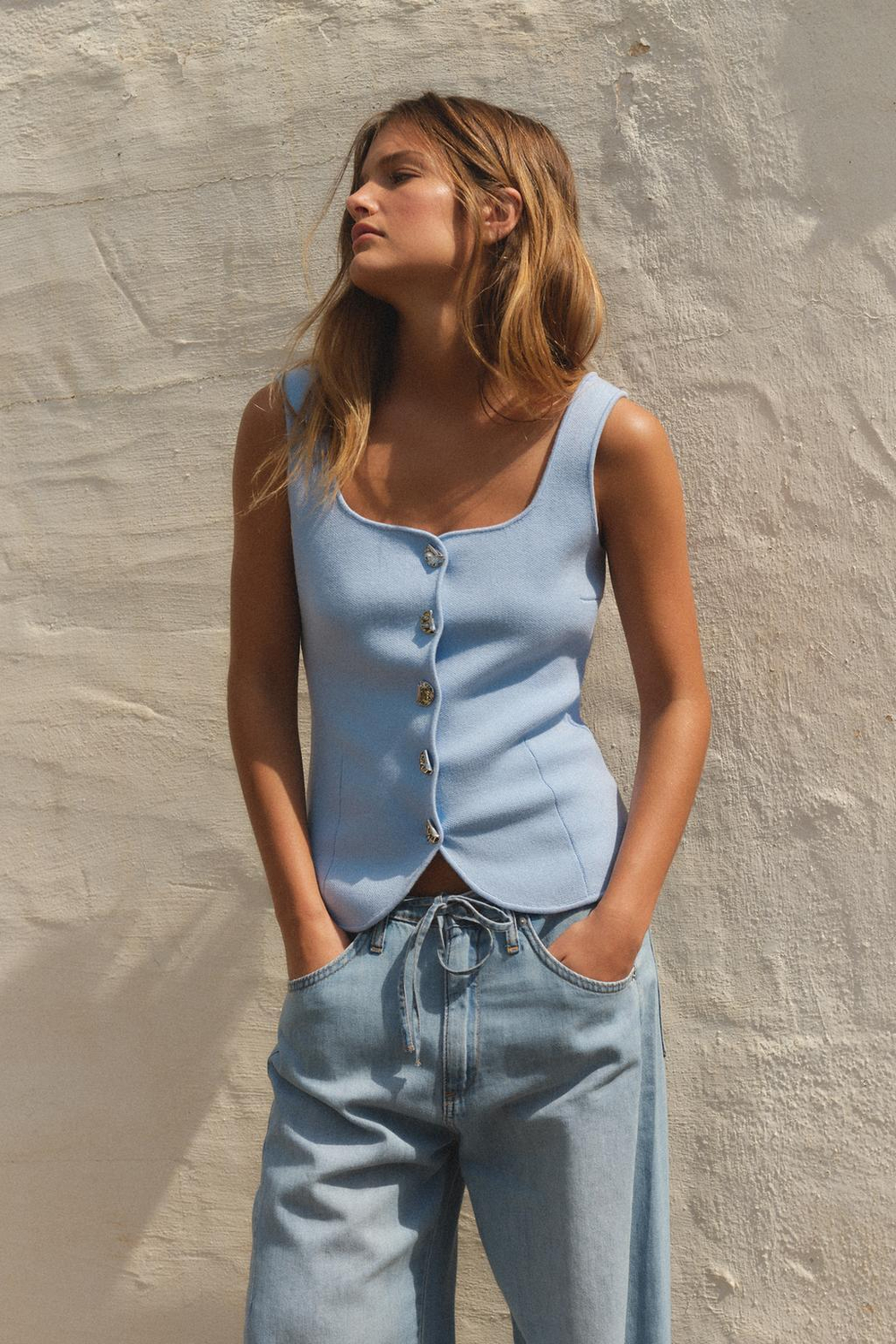 ZARA ОДНОТОННЫЙ ТРИКОТАЖНЫЙ ТОП-КОРСЕТ, СИНИЙ