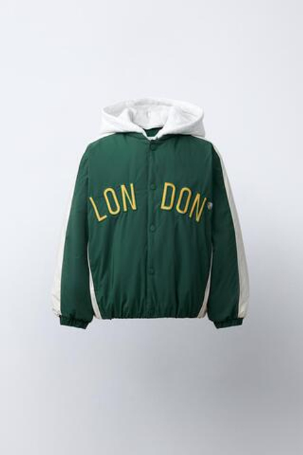 ZARA БОМБЕР С ОТСТЕГИВАЮЩИМСЯ ФЛИСОВЫМ КАПЮШОНОМ WATER REPELLENT, ЗЕЛЕНЫЙ