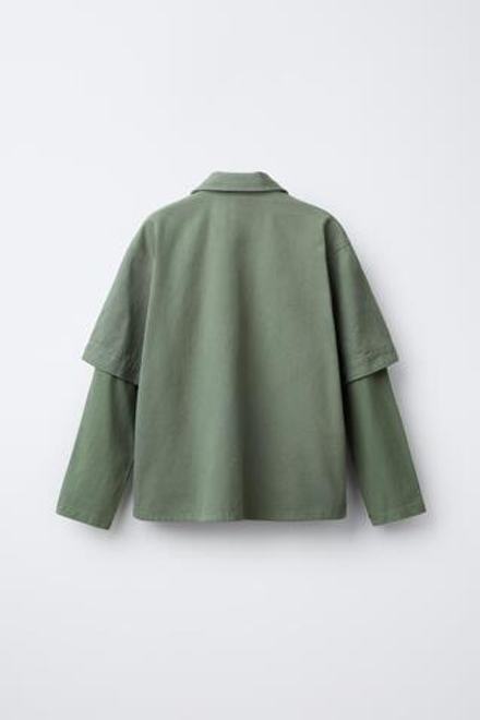 ZARA РУБАШКА С ДВОЙНЫМИ РУКАВАМИ И НАШИВКОЙ, ЗЕЛЕНЫЙ
