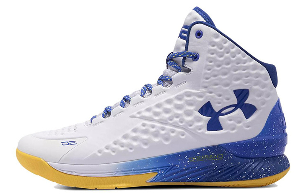 Under Armour Curry 1 2021 re-engraved mesh shock absorption non-slip high-top basketball shoes men's white blue yellow