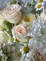 Букет сборный из кустовых пионовидных роз, гортензии, ромашки и скабиозы