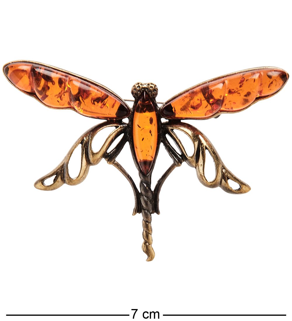 AM-2235 Брошь «Стрекоза Лучик» (латунь, янтарь)