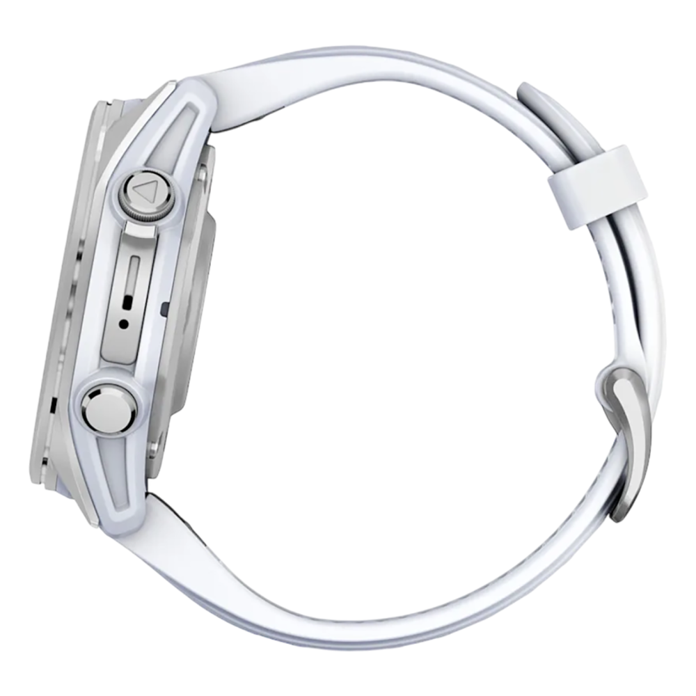 Спортивные часы Garmin fenix 8, 43 мм, AMOLED, сталь, силиконовый ремешок цвета «Уайтстоун» Серебристый безель из нержавеющей стали, стекло Gorilla Glass. Ремешок с классической застёжкой — на запястье обхватом 108–182 мм