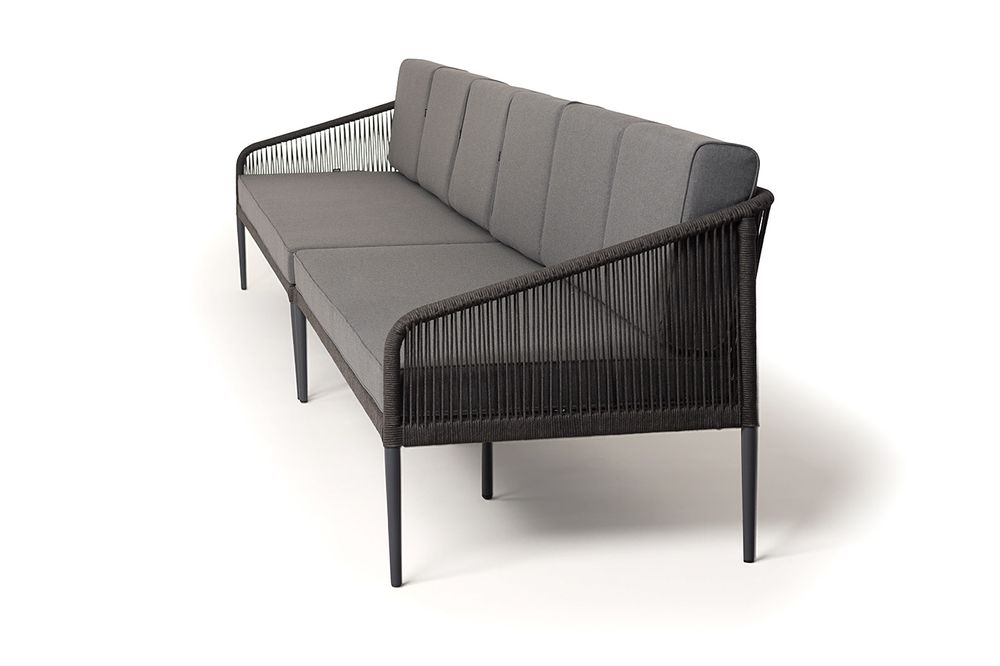 "Канны" диван прямой модульный из роупа, каркас алюминий темно-серый (RAL70240) муар, роуп темно-серый круглый, ткань темно-серая 027, выс.посадки 45