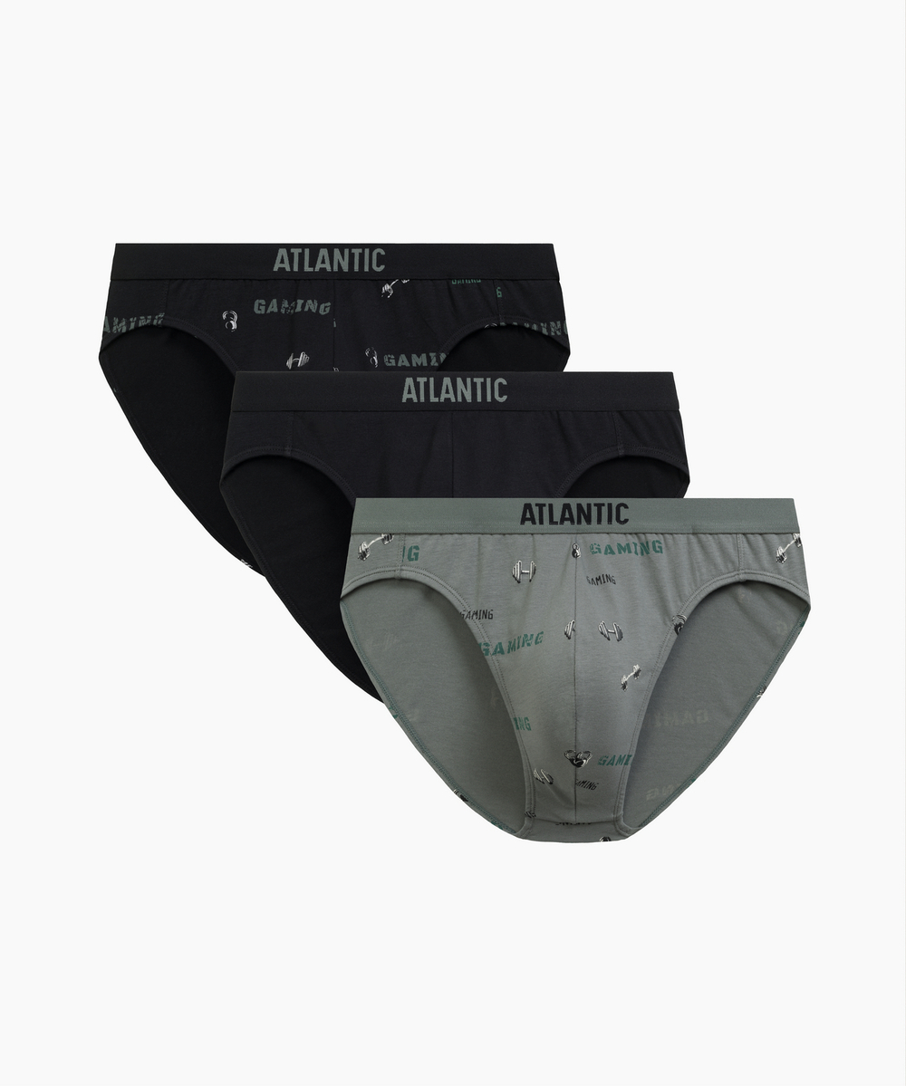 Мужские трусы слипы спорт Atlantic, набор 3 шт., хлопок, черные + черные + светлый хаки, 3MP-206