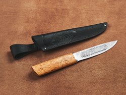 Шкуросъемный нож "Якут" с кованым долом, дамасская сталь, рукоять карельская береза