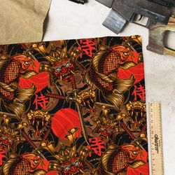 Ткань габардин красный самурай, катаны и рыбы на чёрном фоне