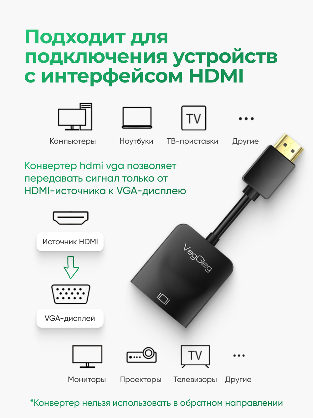 Переходник HDMI на VGA VegGieg | Full HD 1080p 60 Гц | Чипсет AG6202 | Без драйверов