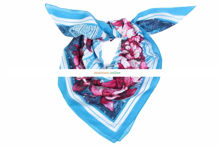 Платок материал Хлопок 100% "Розовые Цветы" цвет голубой белый 100x100 см.