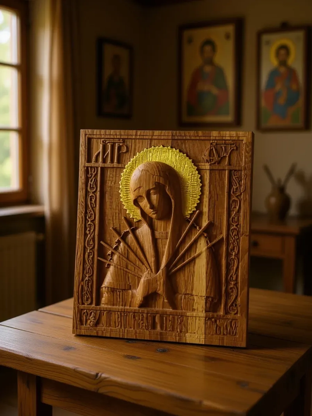 Освященная Икона Семистрельной Богородицы из дуба