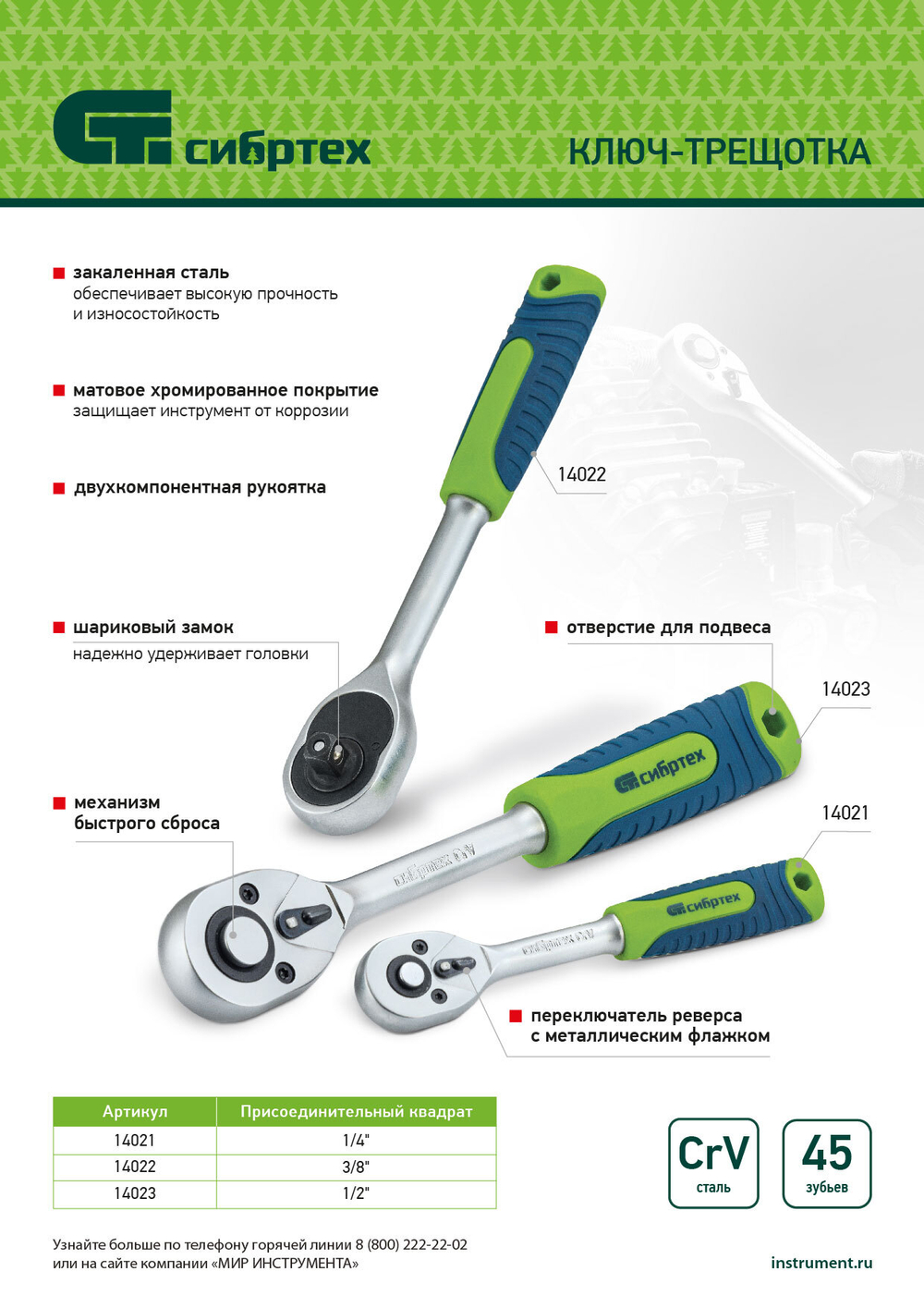 Ключ-трещотка 1/2", 45 зубьев, с быстрым сбросом, матовый хром Сибртех