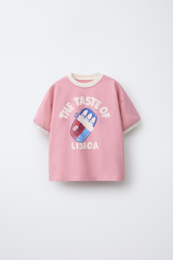 ZARA ФУТБОЛКА С ПРИНТОМ "САРДИНЫ", ЛИНЯЛЫЙ РОЗОВЫЙ