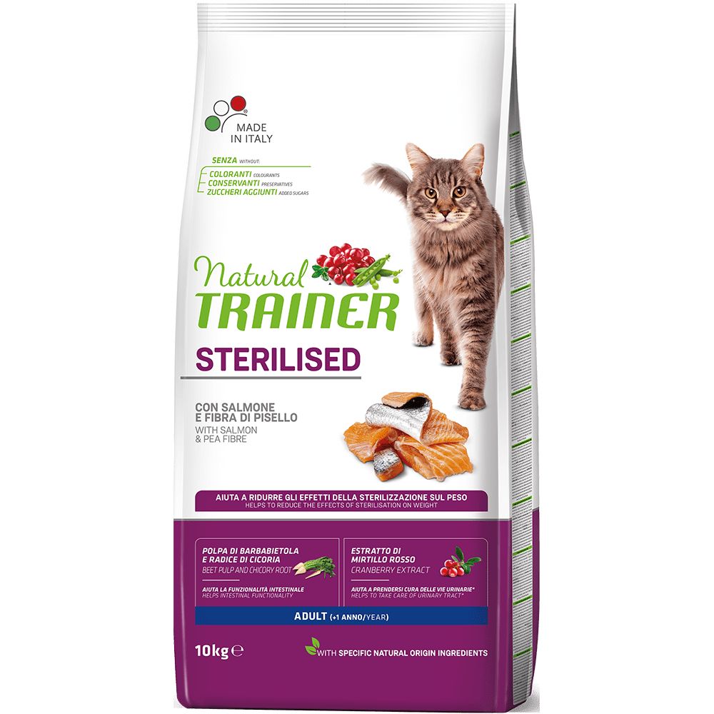 Сухой корм Trainer Natural CAT STERILISED ADULT WITH SALMON AND PEA FIBRE для взрослых стерилизованных кошек  с лососем и клетчаткой гороха 10 кг