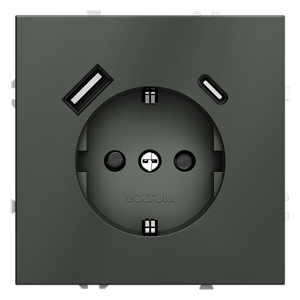 Розетка встраиваемая VOLTUM S70 с заземлением и защитными шторками, 16А, с USB, A+С, (титан)