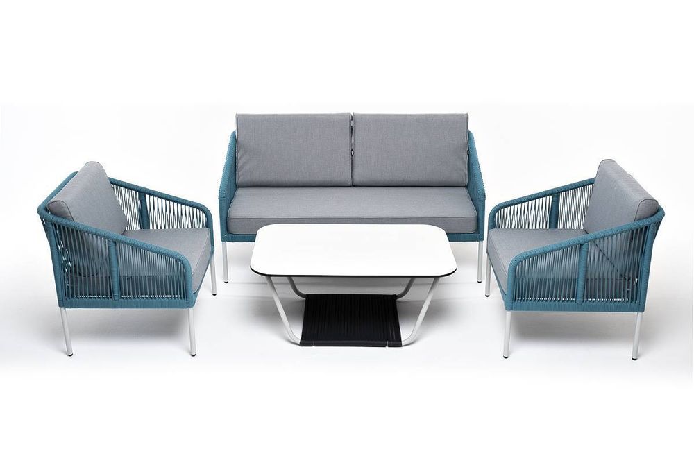 "Канны" лаунж-зона 4-местная из роупа со столом "Гранада" (молочный), каркас алюминиевый светло-серый, роуп бирюзовый