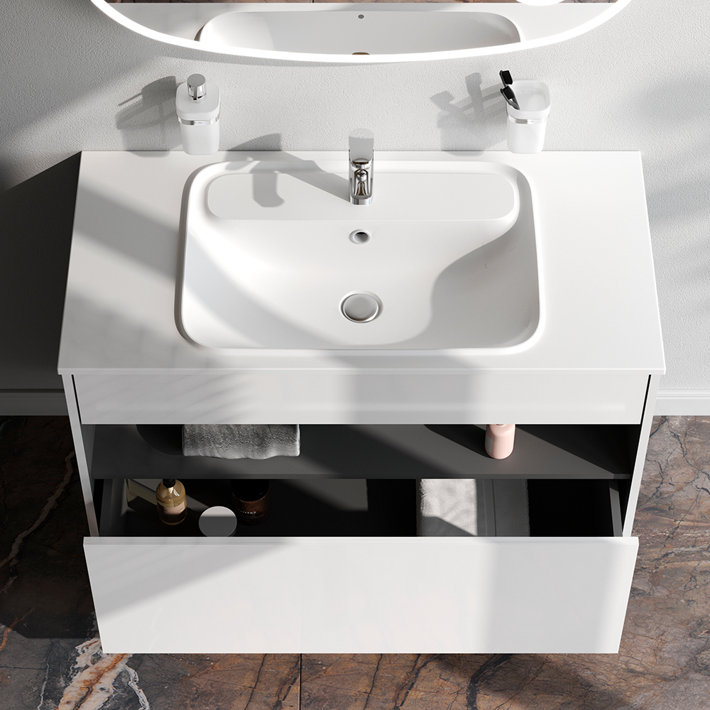 База под раковину с нишей и 1 ящиком, 100 см, белый глянец, универсальная