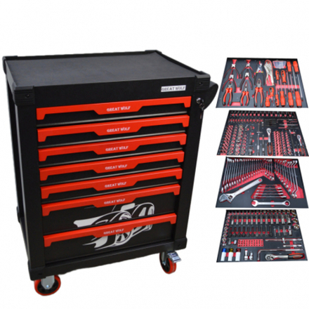 Инструментальная тележка с инструментом GW-7ST2 Black (Great Wolf, 324поз), 7 ящиков, увеличенные колеса с тормозом, ЦЗ, усиленная