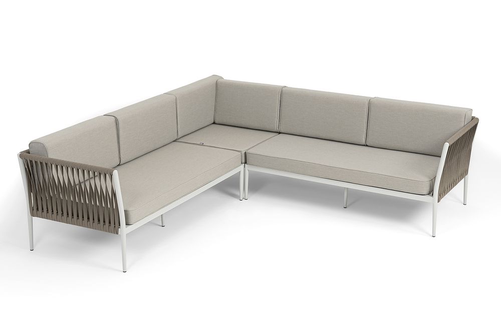 "Касабланка" диван модульный плетеный из роупа, каркас алюминий, роуп серо-коричневый 23мм, ткань бежевая 15052