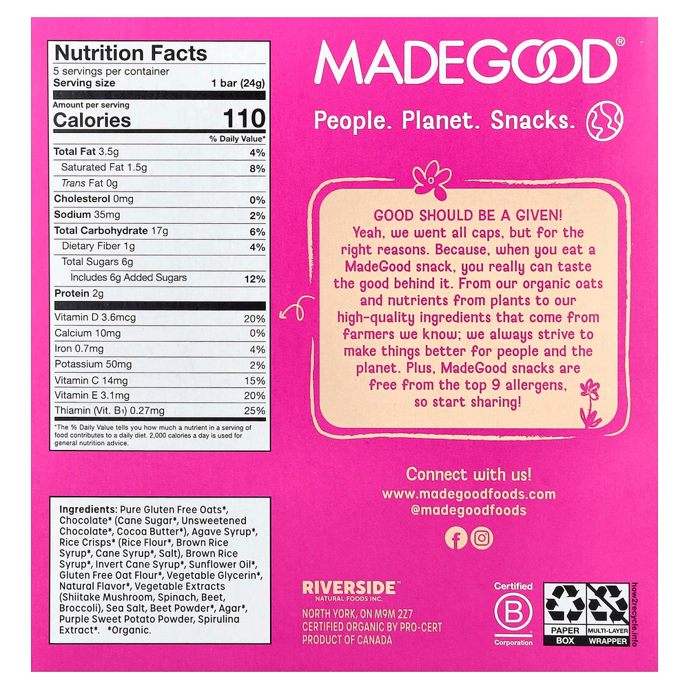 MadeGood, батончики-мюсли, органическая посыпка, торт, 5 батончиков по 24 г (0,85 унции)
