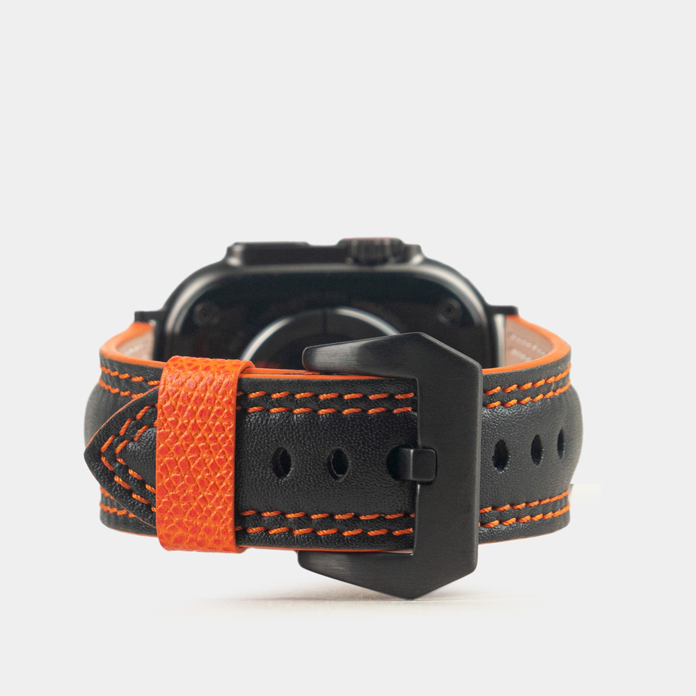 Ремешок для Apple Watch Ultra 49mm из кожи теленка черного цвета с оранжевой строчкой