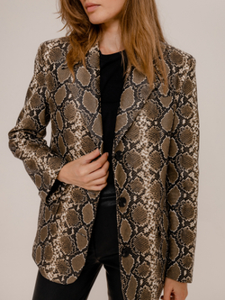 Жакет однобортный из экокожи в змеином принте хаки