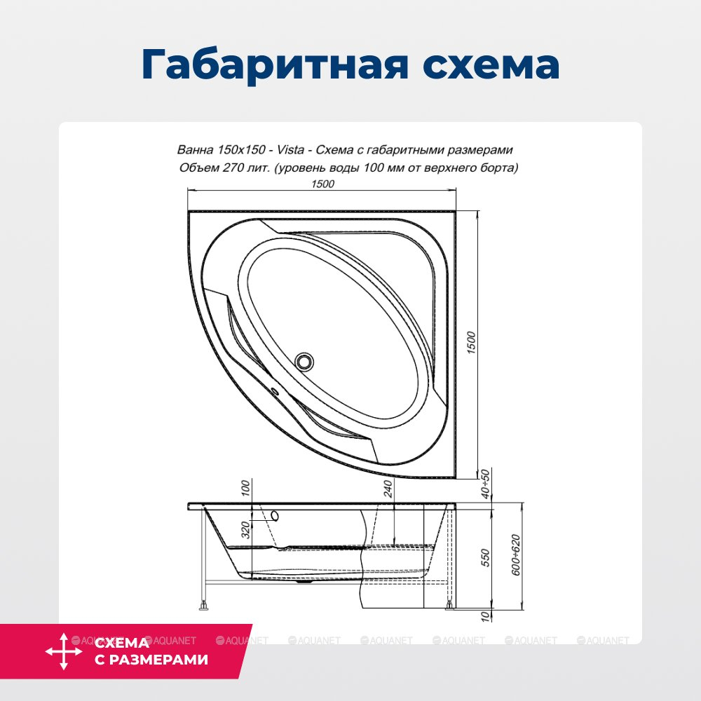 Акриловая ванна Aquanet (Акванет) Vista 150x150 с каркасом