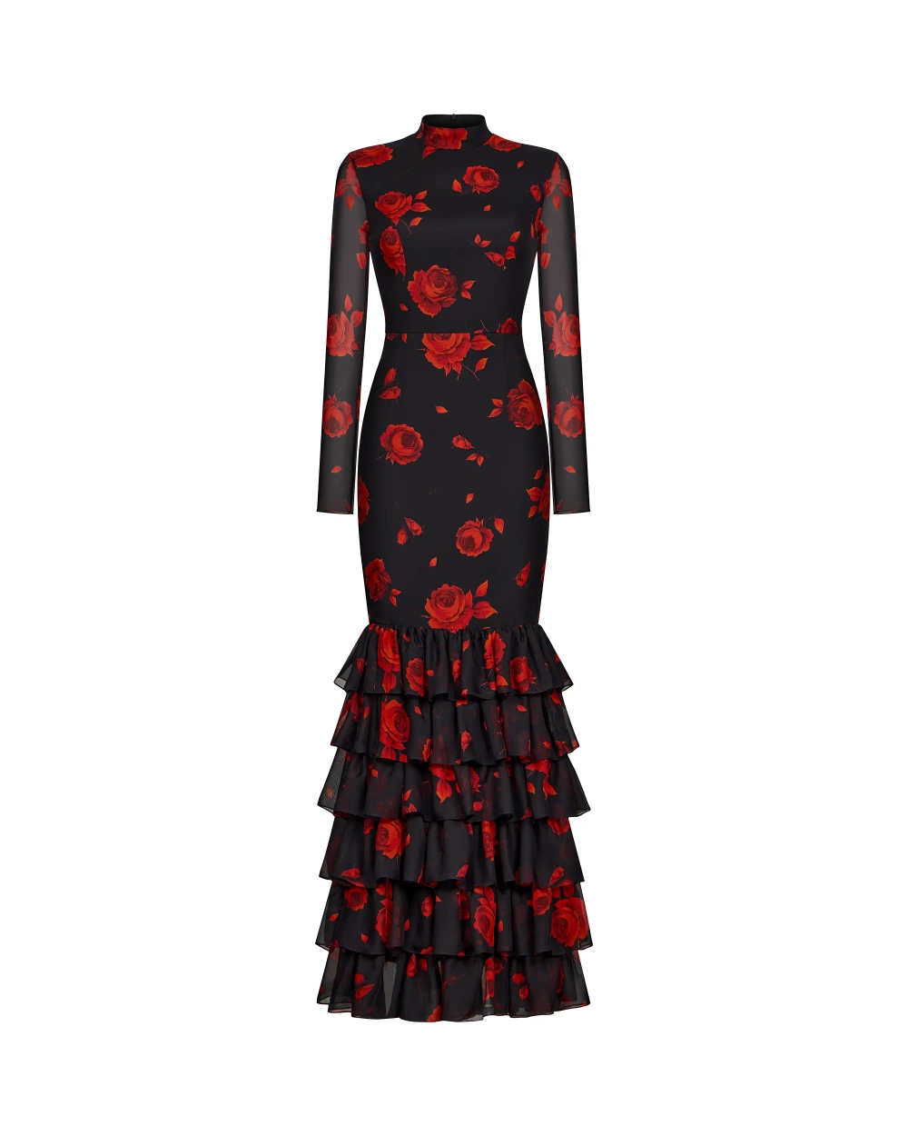 Рула макси (Rula maxi), платье макси из черного шифона с цветочным принтом