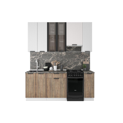 Кухня Норд Line 2,0 м корпус белый/фасад фрезеровка Норд Line,софт смок канад орех/столеш1,2 м дуб в