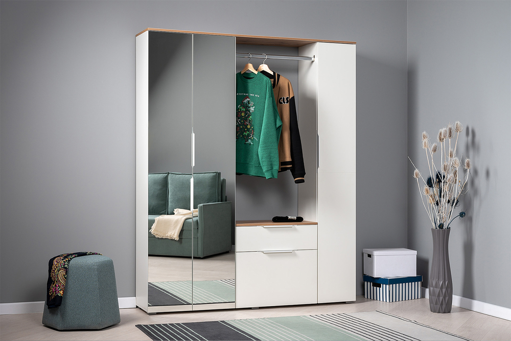 Шкаф для одежды Октава 13.338, Белый шагрень, Дуб золотой