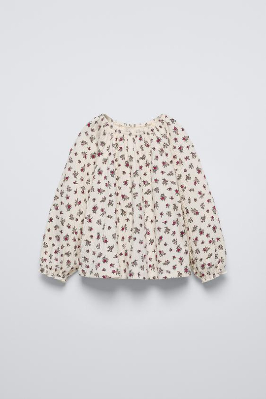 ZARA БЛУЗА ИЗ РЕЛЬЕФНОЙ ТКАНИ С ЦВЕТОЧНЫМ ПРИНТОМ, ЭКРЮ
