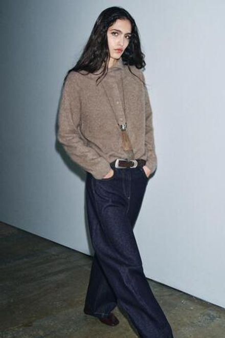 ZARА КАРДИГАН ИЗ 100% ШЕРСТИ С ВОРОТНИКОМ-СТОЙКОЙ, СЕРОВАТО-КОРИЧНЕВЫЙ