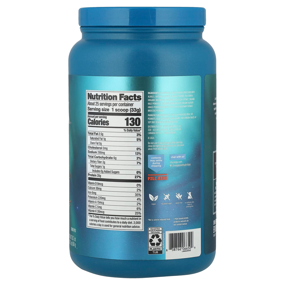 Vega, Растительный протеин, протеин премиального качества + Supergreens ™, сливочный шоколад, 814 г (1 фунт 12,7 унции)